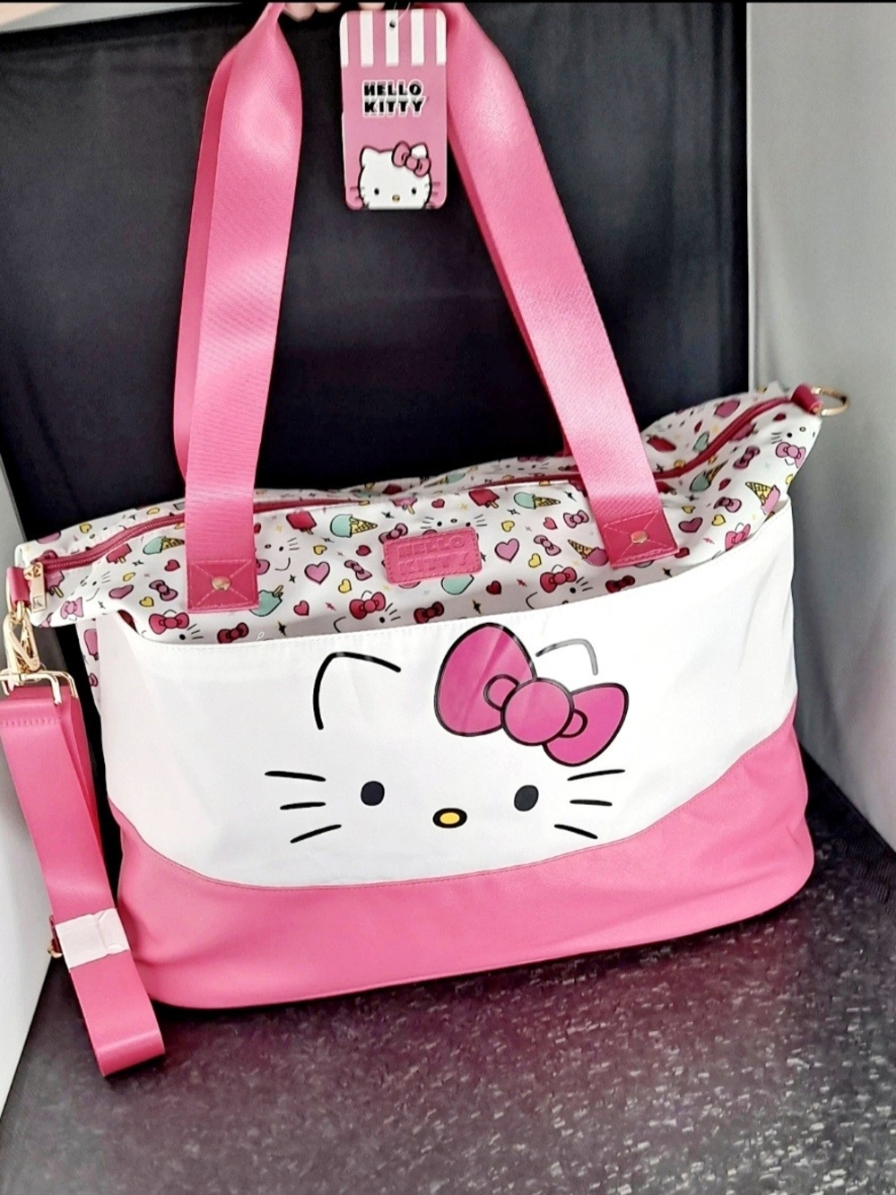 Sanrio Hello Kitty Pink & White Ice Cream-Patterned Weekender Duffel Bag (NWT)